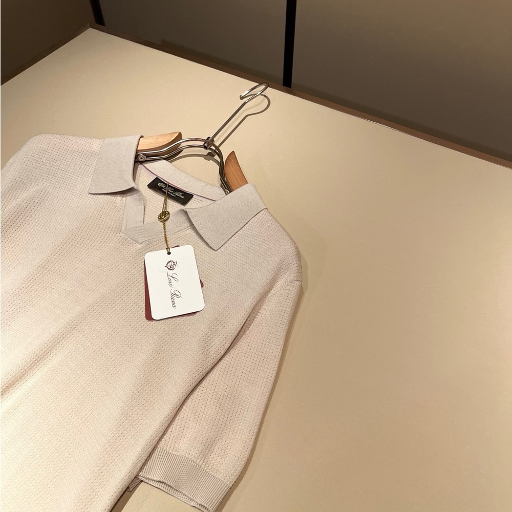 Loro Piana Cream Short-Sleeve Polo with Light Gray Collar - Picture 5 of 7